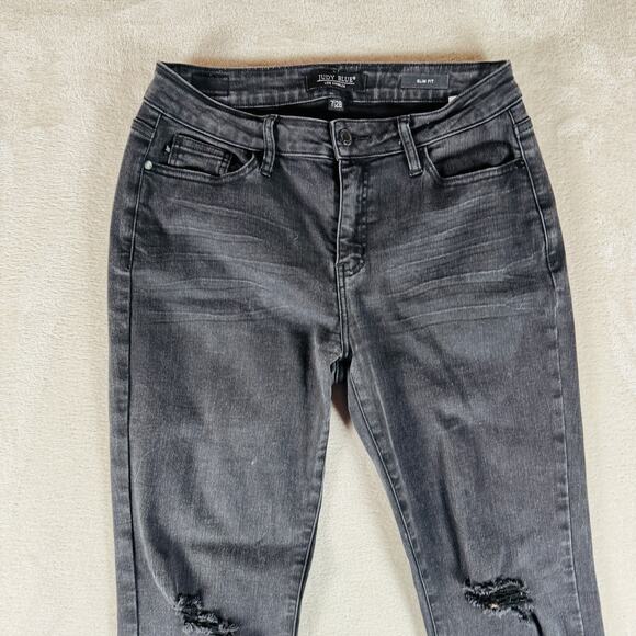 Judy Blue Jeans Women 7/28 Faded Black Denim Mid Rise Destroyed Slim Fit Raw Hem - Picture 2 of 13